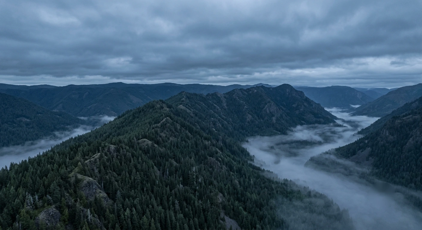 Aerial view of layered forested mountain ridges in mist