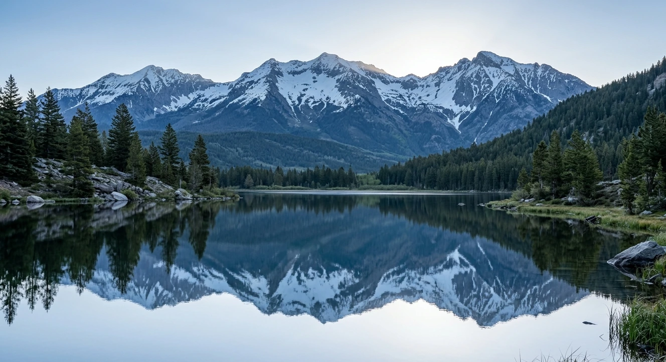 Snow-capped peaks mirrored in a still alpine lake